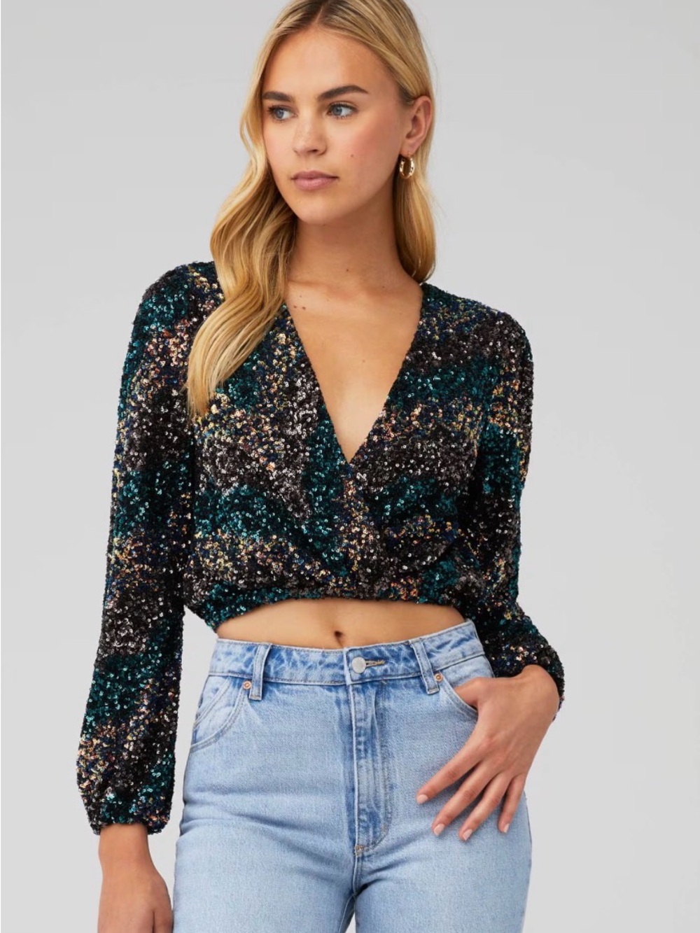 ASTR Primadonna Teal, Black & Gold Sequin Long Sleeve Top
